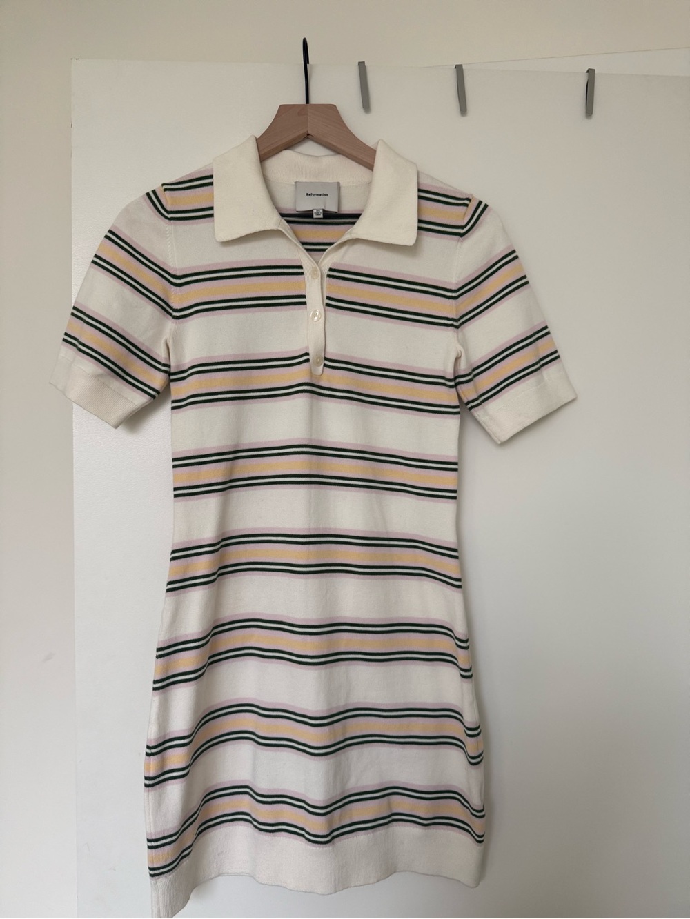 Reformation Cream Polo Dress with Pink, Yellow and Green Stripes